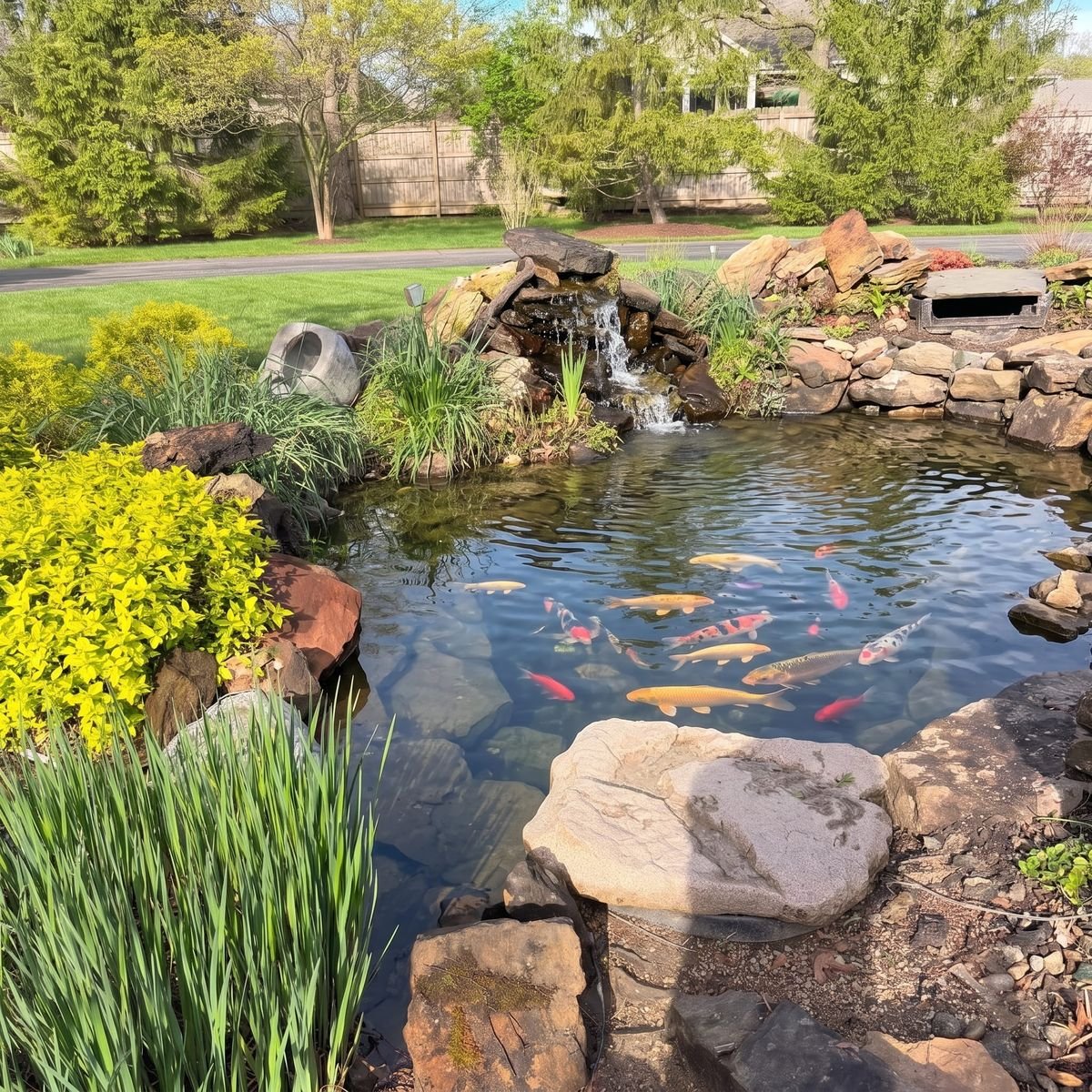 Pond after clean out — clear water and lighting